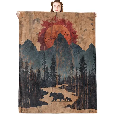 Bear Mountain Sunset Forest Blanket features a rustic sunset
