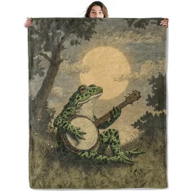 Frog Playing Banjo Blanket with Moonlit Forest Scene