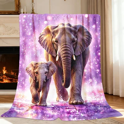 Mother and Baby Elephant in Purple Blanket - Soft Throw