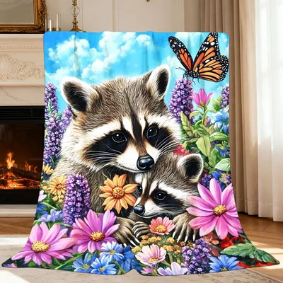 Mama Raccoon Blanket with Flowers and a Butterfly