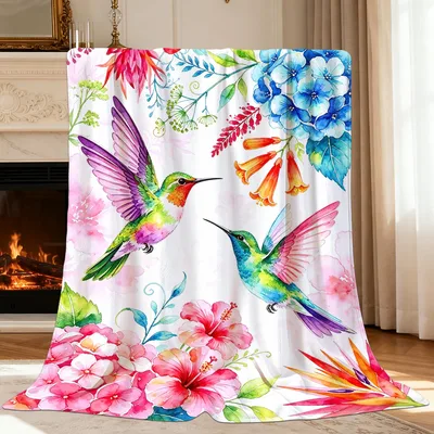 Hummingbird Floral Watercolor Blanket for Bird Lovers