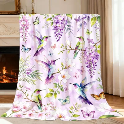Wisteria Floral Blanket with Hummingbirds and Blossoms