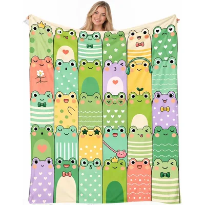 Cute Frogs in Colorful Blanket: Cheerful Frog Throw
