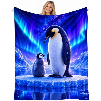 Penguin Mom Blanket: Emperor Penguins Under Northern Lights