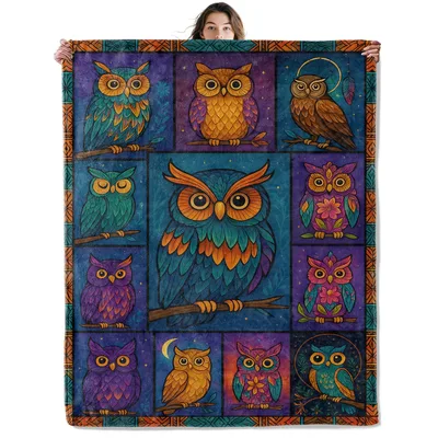 Colorful Owl Patchwork Blanket: Vibrant Artistic Owls on a Cozy Throw