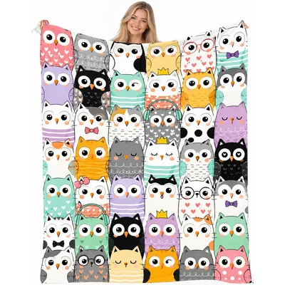 Cute Owls Pattern Blanket: A Grid of Colorful Cartoon Birds