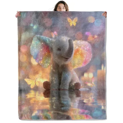 Rainbow Elephant Blanket with Glowing Butterflies