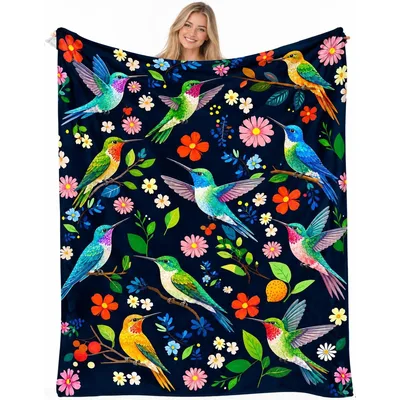 Midnight Navy Hummingbirds Blanket for Bird Lovers