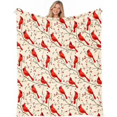 Cardinals on Cream Holly Blanket for Bird Lovers