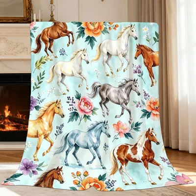 Watercolor Horses Blanket: Floral Herd on Soft Aqua