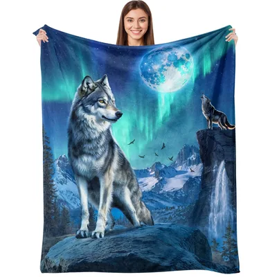 Wolf Moon Aurora Blanket: Wild Wolf and Northern Lights Design