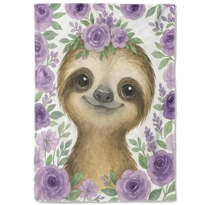 Cute Sloth Watercolor Floral Blanket: Smiling Animal with Purple Roses