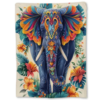 Tropical Elephant Blanket with Floral Art Design