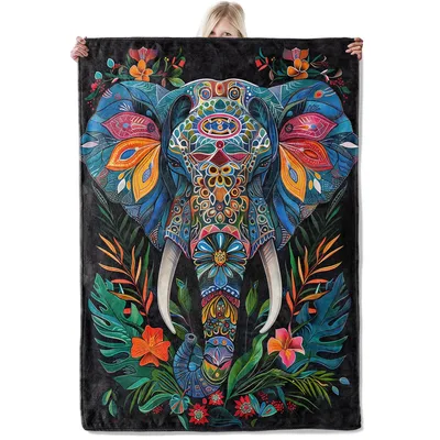 Floral Elephant on Midnight Blanket with Vibrant Tribal Mandala Design