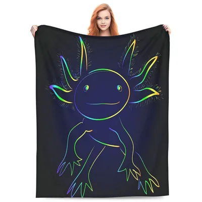 Neon Axolotl Blanket: Glowing Rainbow Outline on Black
