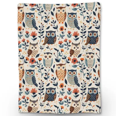 Owls Among Blue Orange Blanket: Cozy Owl and Floral Throw