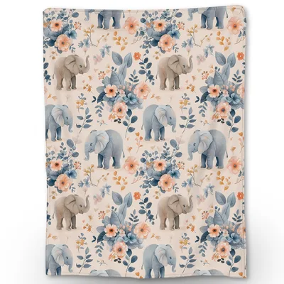 Watercolor Elephants and Flowers Blanket for Nature Lovers