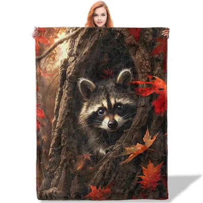Autumn Woodland Animal Blanket: A Curious Raccoon in Fall Leaves