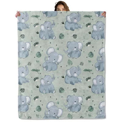 Baby Elephant Pattern Nursery Blanket features cute gray