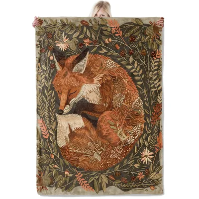 Woodland Fox Blanket: Sleeping Red Fox with Forest Floral Pattern