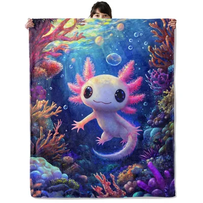 Underwater Coral Reef Blanket: A Cute Axolotl Throw