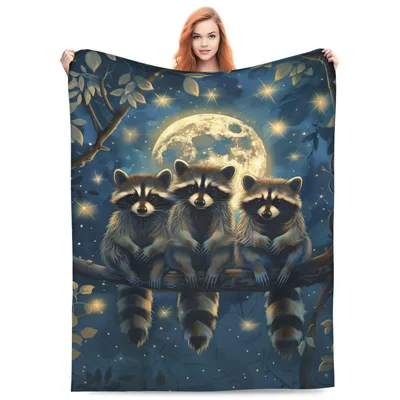 Three Raccoons Blanket: Moonlit Night Throw for Animal Lovers