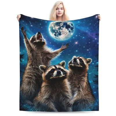 Three Raccoons Howling Blanket for Night Lovers