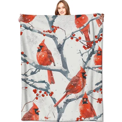 Cardinal Birds Winter Blanket: Festive Red Cardinals on Snowy Branches