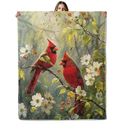 Dogwood Blossom Blanket: Two Cardinals in Spring Bloom