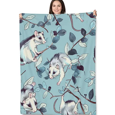 Opossums Among Blue Leaves Blanket for Animal Lovers