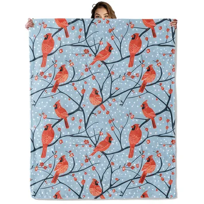 Cardinals in Snowy Branches Blanket: Red Birds on Winter Branches