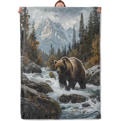 Mountain Creek Blanket: A Grizzly Wading Through Rapids