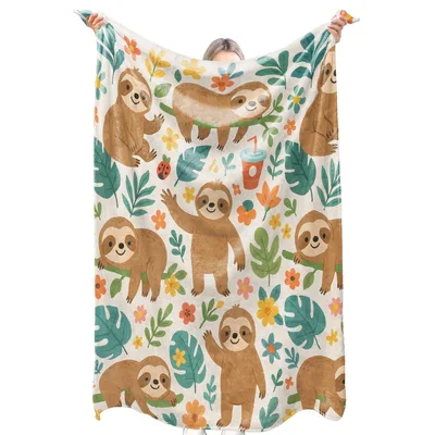 Sloth Tropical Leaves Blanket: Cute Sloth Pattern with Flowers