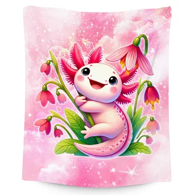 Cute Pink Axolotl with Flowers Blanket for Cozy Days