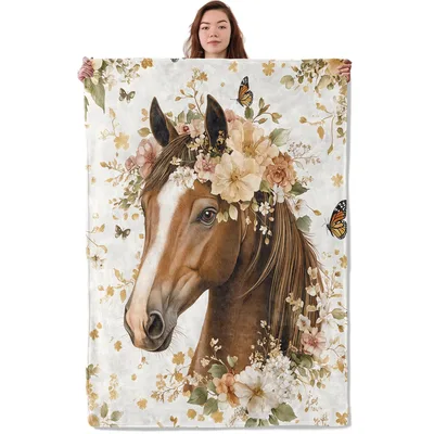 Floral Horse with Butterflies Blanket: Vintage Equestrian Art