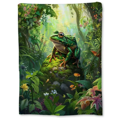 Tropical Forest Blanket with a Green Frog on Moss