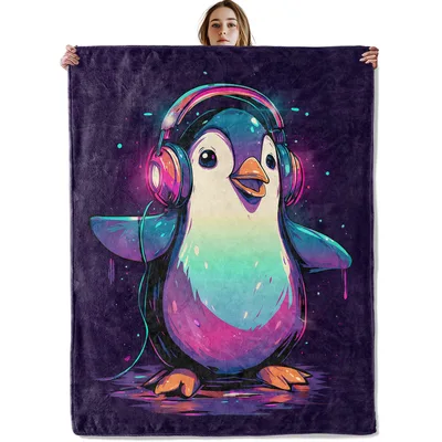 Music Lover Penguin Blanket for Headphone Fans and Night Owls
