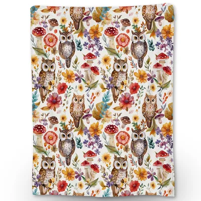 Mushroom and Floral Blanket: Owls Among Wildflowers
