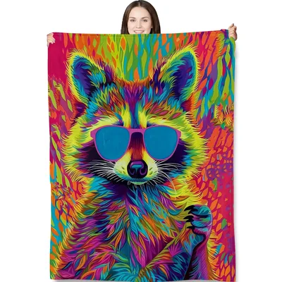 Psychedelic Raccoon Sunglasses Blanket featuring a vibrant