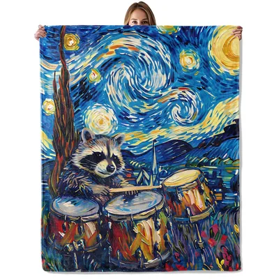 Raccoon Drummer Blanket: Starry Night Drum Scene