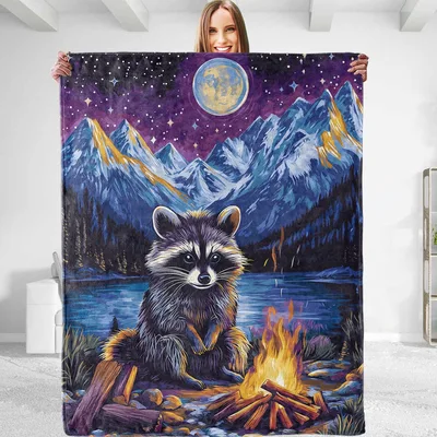 Raccoon Camping Blanket: Campfire Under Mountain Stars