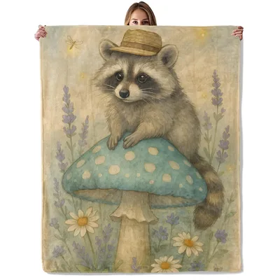 Woodland Raccoon Cute Animal Blanket: A Raccoon in a Hat on a Mushroom