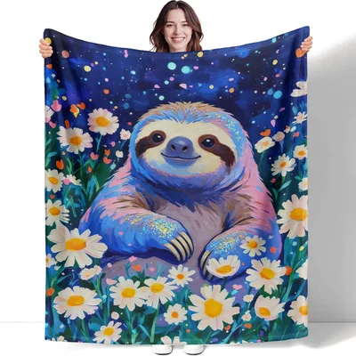 Daisy Field Blanket: A Sleepy Sloth Among Starry Flowers