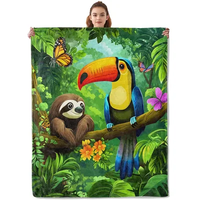 Tropical Rainforest Animals Blanket: Toucan and Sloth Scene