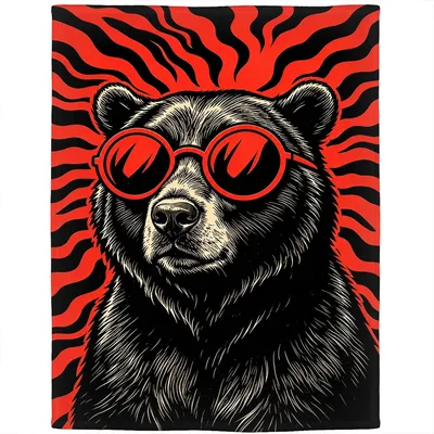 Cool Bear Blanket with Red Sunglasses and Sunburst Stripes