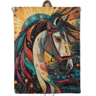 Boho Horse Art Blanket featuring a colorful equestrian portrait