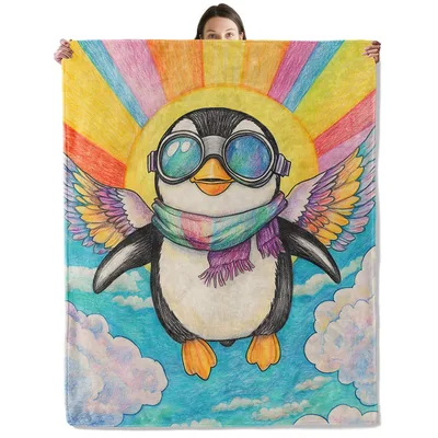 Flying Penguin Blanket with Rainbow Sky Wings and Goggles