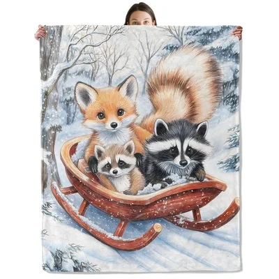 Fox and Raccoon Blanket: Winter Sledding Scene