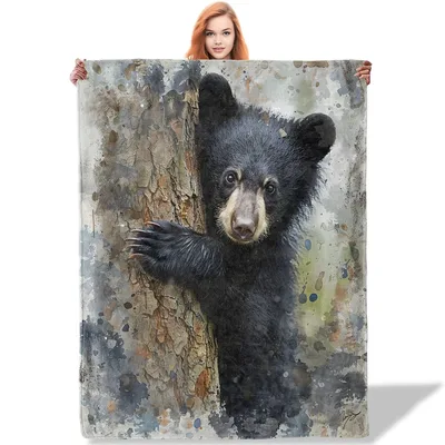 Black Bear Cub Blanket: A Curious Cub Peeking From a Tree
