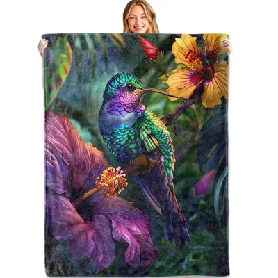 Hummingbird Tropical Flowers Blanket: Iridescent Bird on Hibiscus